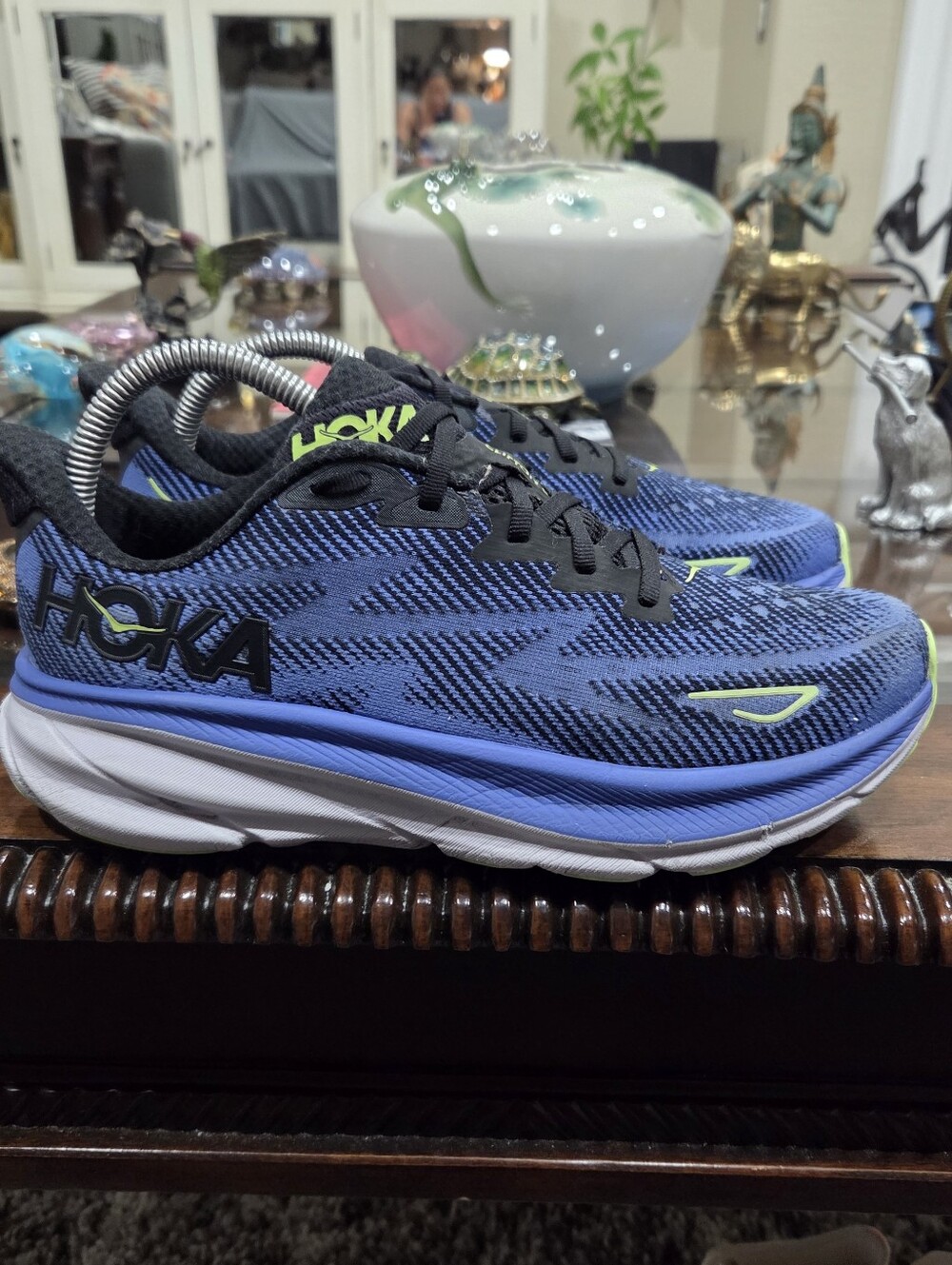 Hoka Women's Blue and Black Lightweight Running Shoes with Neon Green Accents